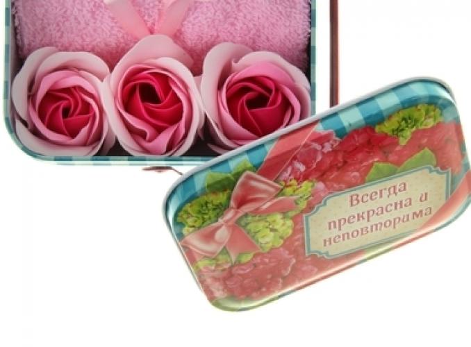 Набор мыльные лепестки 3 шт. + полотенце розовое в корзиночке большой Всегда прекрасна и неповторима